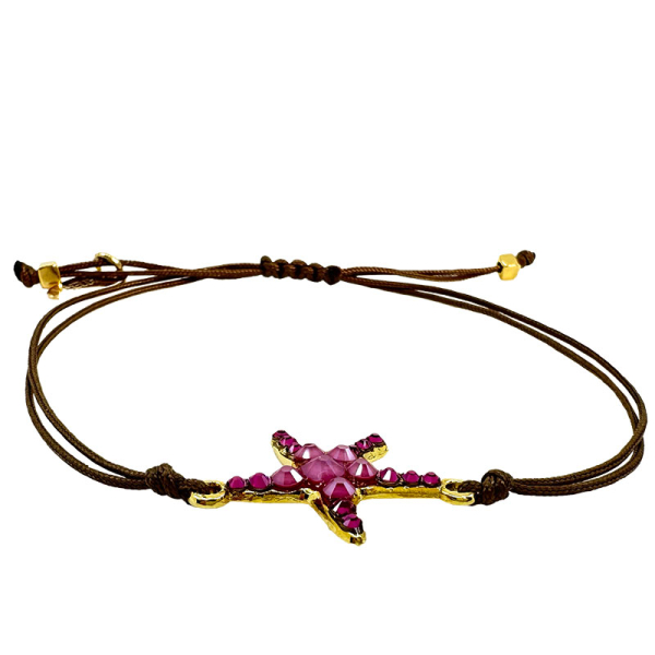 Ekaterini Freundschaftsarmband, Starfish, Seestern, pinke Swarovski Kristalle an brauner Kordel und goldenen Akzenten, seitlich